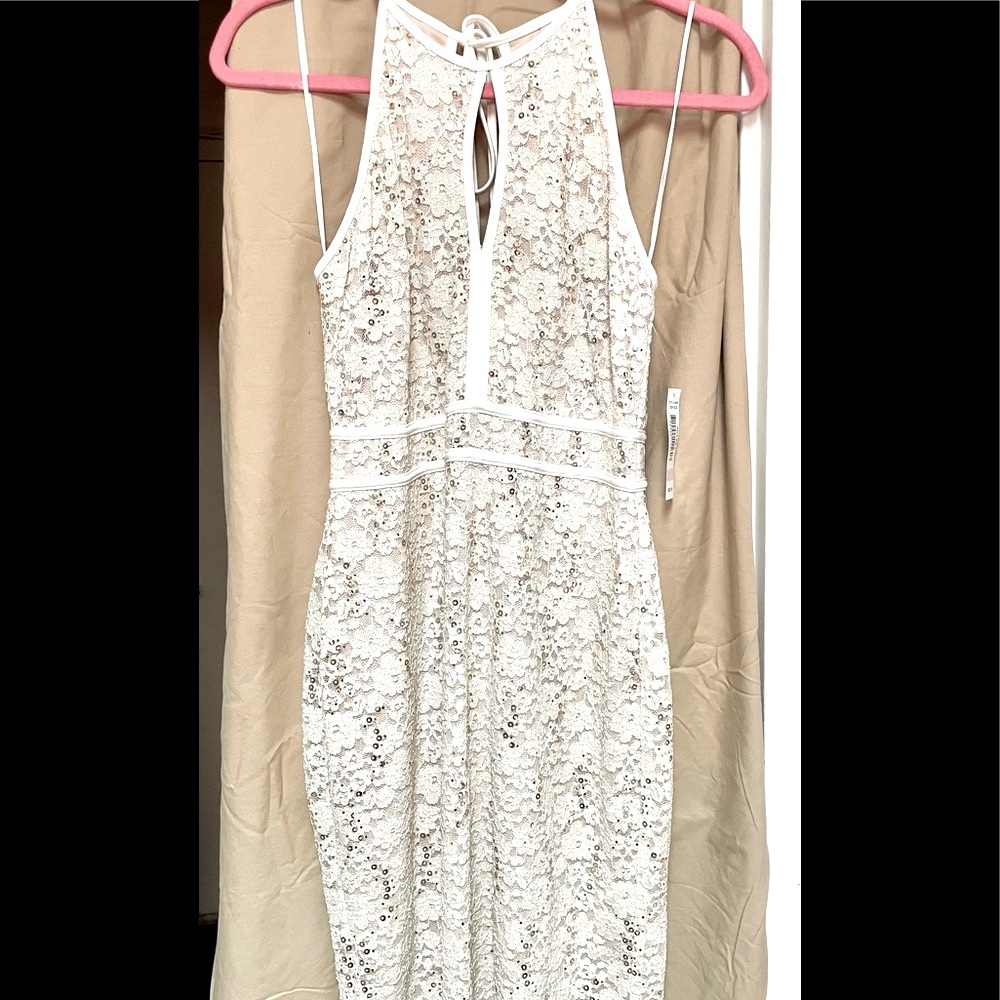 CREAM AND GOLD SEQUIN LACE DRESS WITH KEYHOLE FRONT AND BAVK WITH BACK TIE